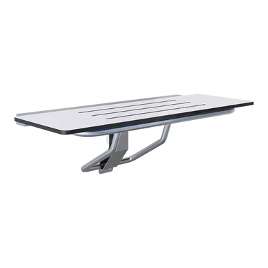Side angle of Metlam accessible folding shower seat in white compact laminate— heavy-duty, AS1428 compliant, foldable design.