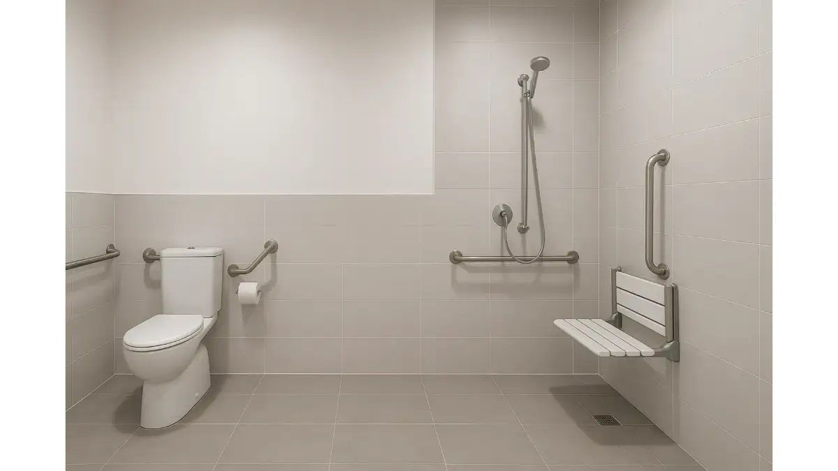 as1428.1 compliant accessible bathroom with grab rails and shower seat – Australian Standards accessibility guide