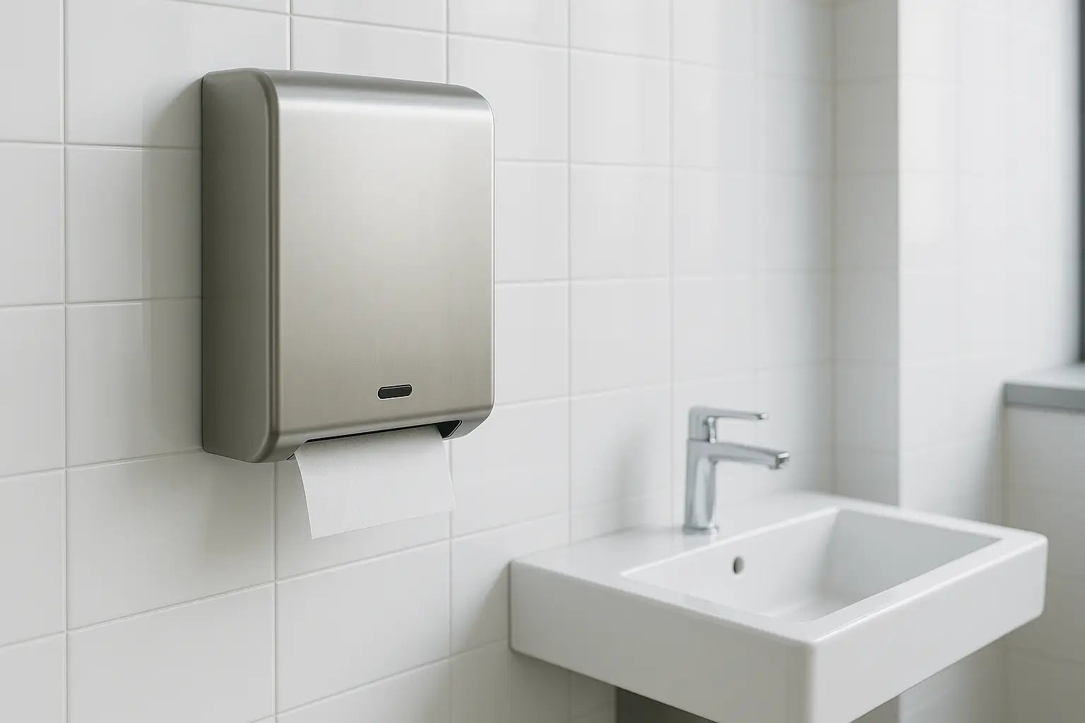Stainless steel automatic paper towel dispenser mounted in a modern office bathroom, showing a sleek touchless design