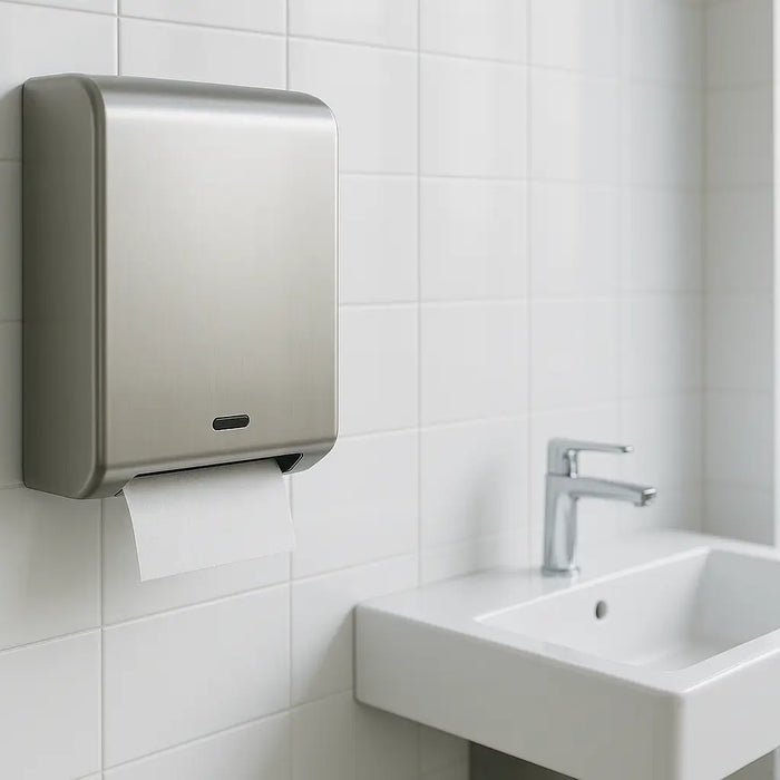 Stainless steel automatic paper towel dispenser mounted in a modern office bathroom, showing a sleek touchless design