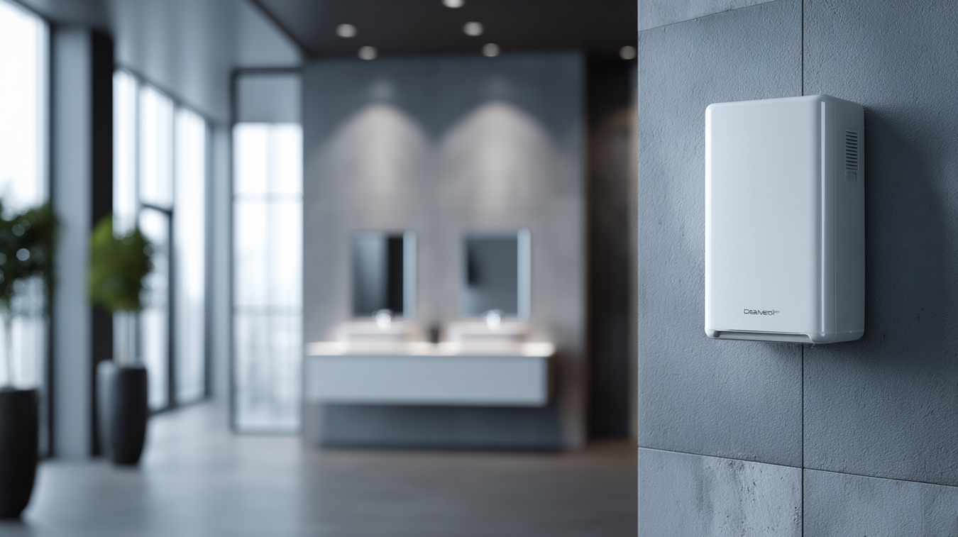 Modern wall mounted paper towel dispenser in a commercial washroom setting, sleek and hygienic solution for busy facilities