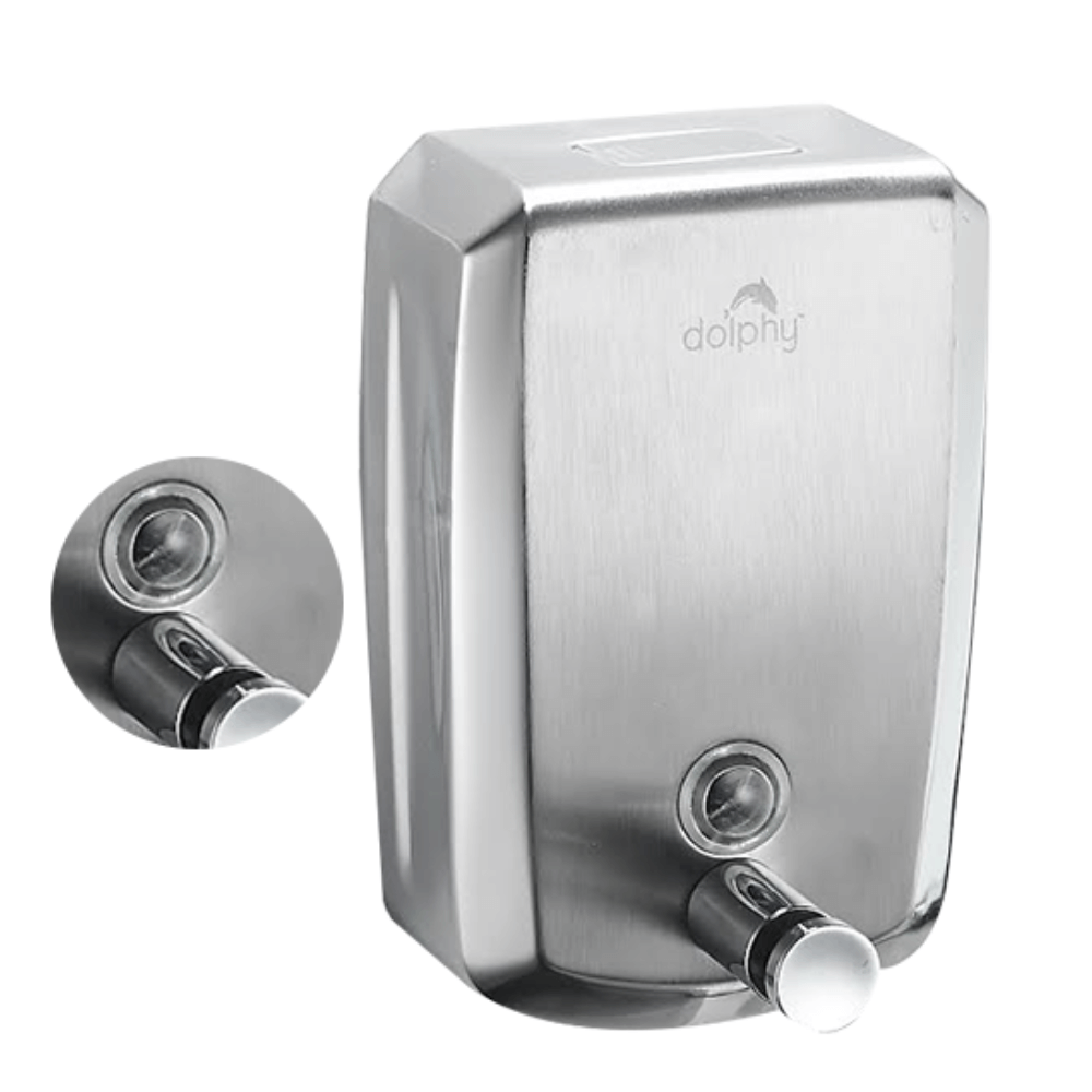 DOLPHY stainless steel dispenser 500ml up close view showing pump and polished steel finish