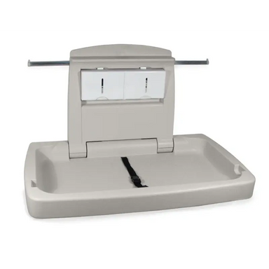 Dolphy Horizontal Baby Change Station HDPE Plastic – open angled view showing grey HDPE changing tray, safety belt, and wall-mounted bracket