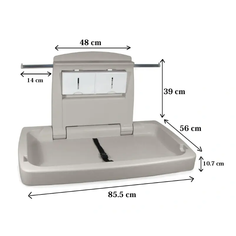 Dolphy Horizontal Baby Station HDPE Plastic – technical dimensions diagram showing 85.5cm width, 56cm height, and 10.7cm closed depth