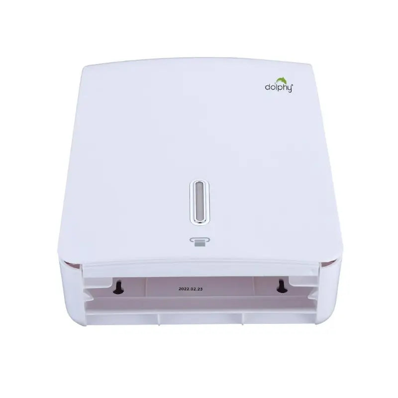 Dolphy Jumbo Plaza Ultraslim paper towel dispenser bottom view showing dispensing slot in black finish
