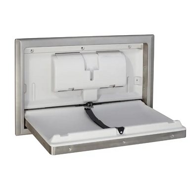 Dolphy Recessed Baby Change Station Stainless Steel – open angled view showing recessed stainless steel frame, white HDPE changing surface and adjustable safety belt