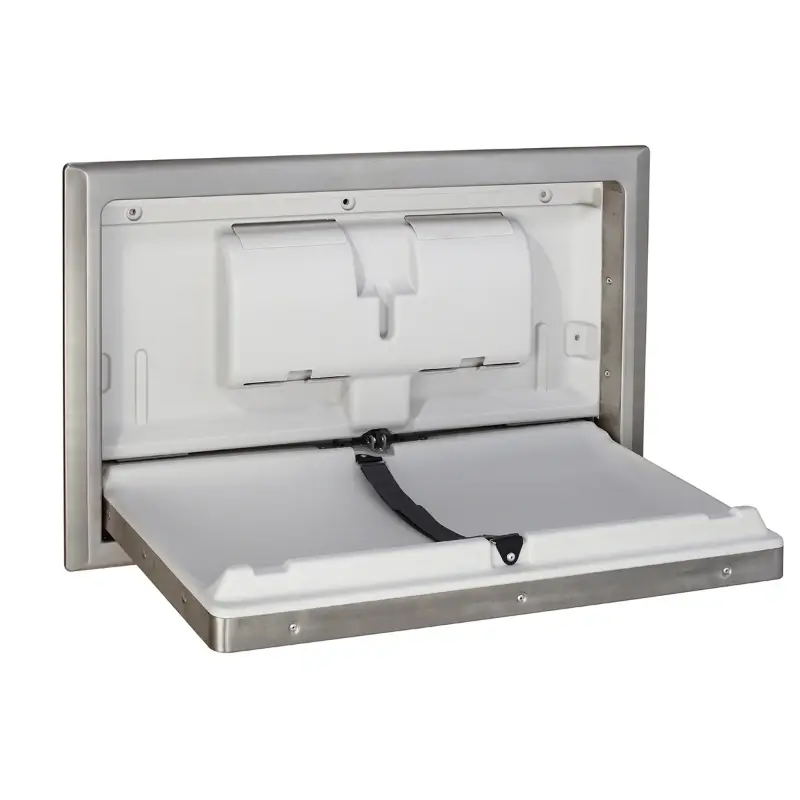 Dolphy Recessed Baby Change Station Stainless Steel – open angled view showing recessed stainless steel frame, white HDPE changing surface and adjustable safety belt
