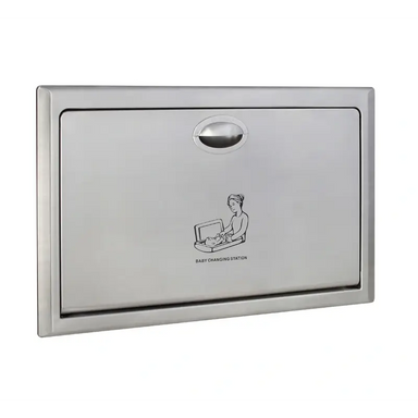 Dolphy Recessed Baby Change Station Steel – closed front view showing flush-mounted brushed stainless steel panel with oval handle and baby change station pictogram