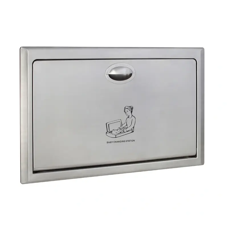 Dolphy Recessed Baby Change Station Steel – closed front view showing flush-mounted brushed stainless steel panel with oval handle and baby change station pictogram