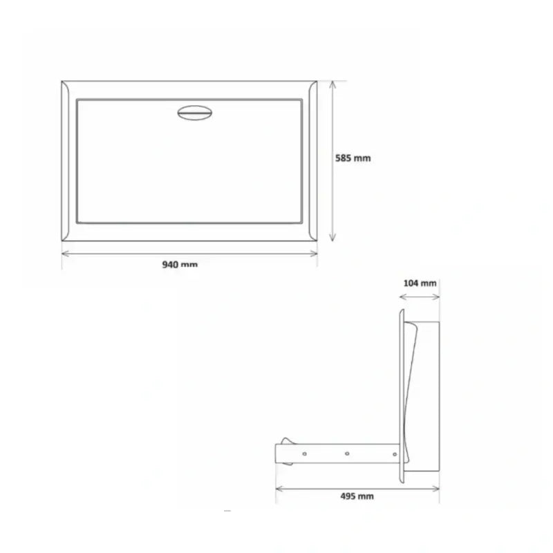 Dolphy Recessed Baby Station Stainless Steel – technical dimensions diagram showing 940mm width, 585mm height, 104mm closed depth and 495mm open extension