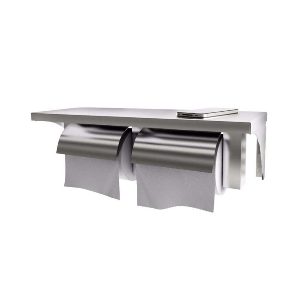 Dolphy Stainless Twin Toilet Roll Holder with Shelf Front View