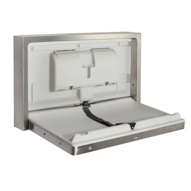 Dolphy Surface Mounted S/S Baby Change Station – open angled view showing stainless steel housing, white HDPE changing surface and adjustable safety belt