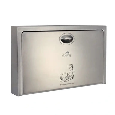 Dolphy Surface Mounted S/S Baby Station – closed front view showing brushed stainless steel exterior with Dolphy branding and baby change station pictogram