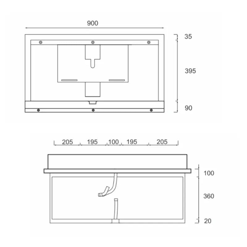 Dolphy Surface Mounted S/S Change Station – technical dimensions diagram showing 900mm width, 395mm height, and 360mm depth measurements