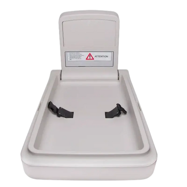 Dolphy Vertical Baby Change Station – front-on open view showing dual safety belt clips and attention label