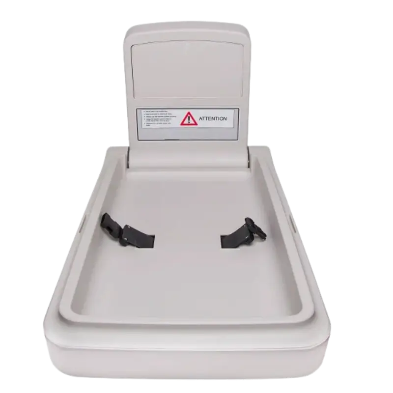 Dolphy Vertical Baby Change Station – front-on open view showing dual safety belt clips and attention label