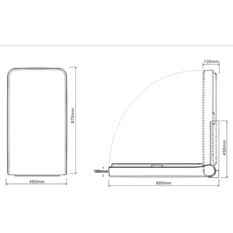 Dolphy Vertical Change Station HDPE Plastic – technical dimensions diagram showing 870mm x 480mm closed and 885mm x 458mm open measurements