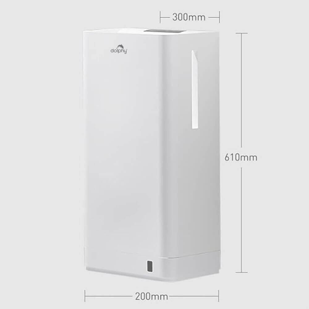Dolphy White Jet Hand Dryer Brushless Motor – dimensions diagram showing 200mm depth, 300mm width and 610mm height measurements