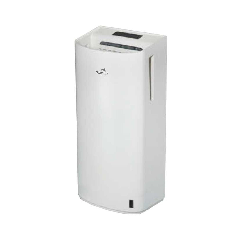 Dolphy White Jet Hand Dryer With Brushless Motor – right side angled view showing white ABS housing, top-entry hand slot and infrared sensor