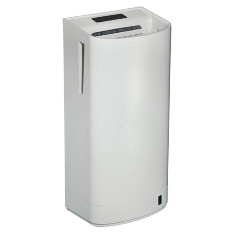 Dolphy White Jet Hand Dryer With Motor – left front angled view showing top-entry hand slot, infrared sensor strip and slim white profile