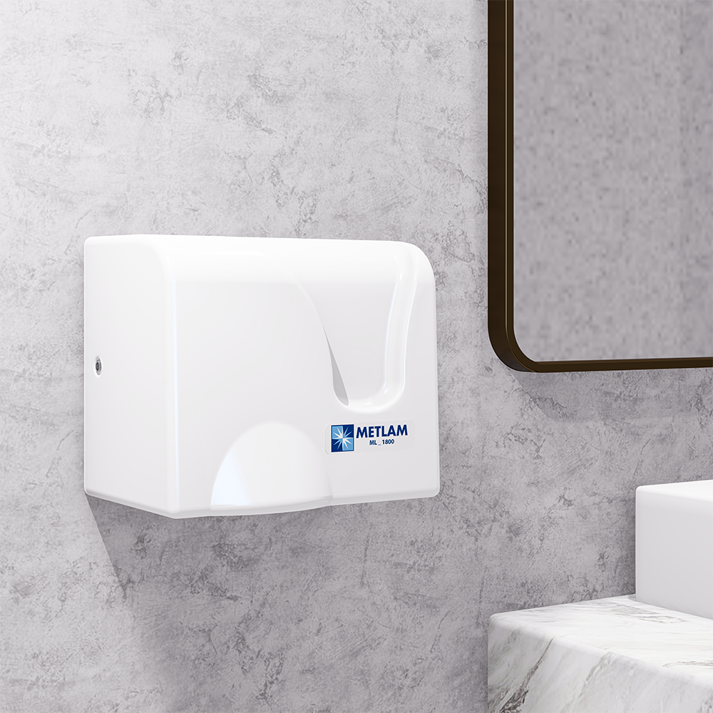 Metlam automatic operation ABS hand dryer in white installed in commercial bathroom