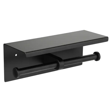 Metlam Double Toilet Roll Holder With Shelf Top Matte Black Finish Front View