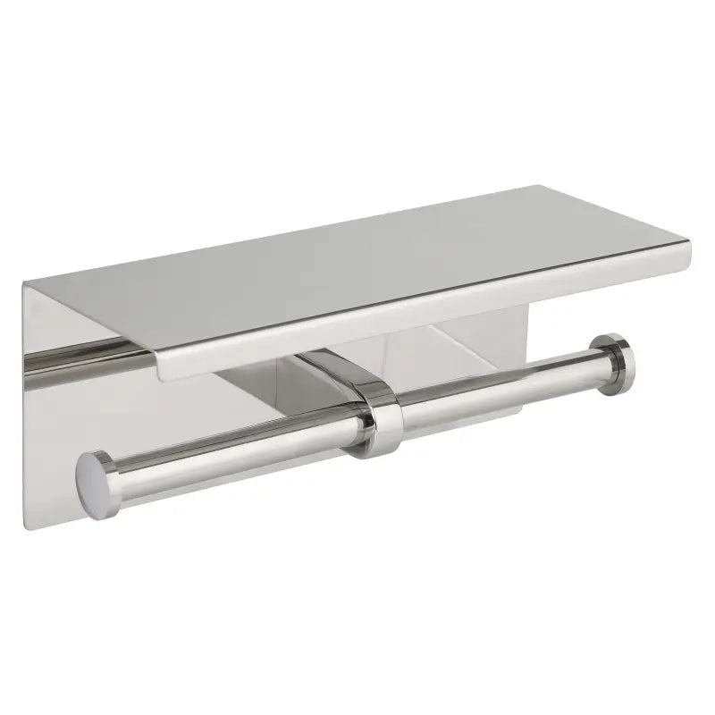 Metlam double toilet roll holder with top shelf in satin stainless steel finish Front Facing View