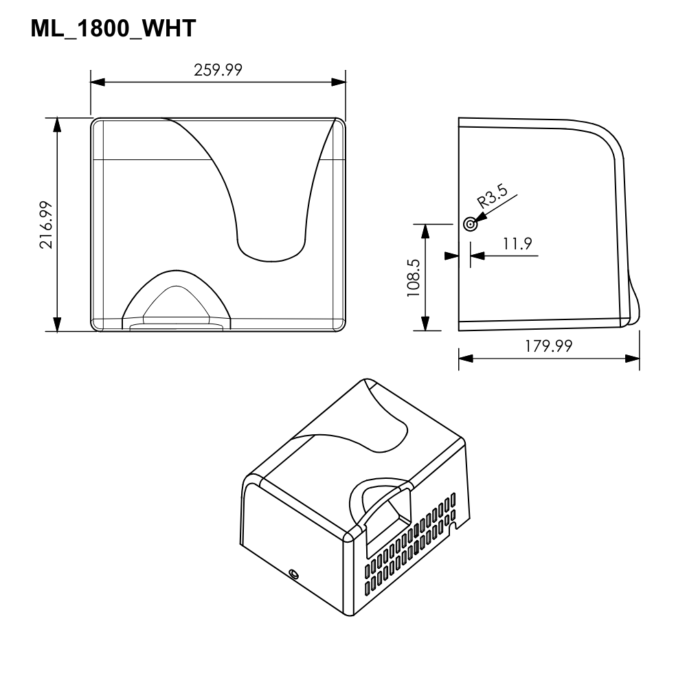 Metlam automatic operation ABS hand dryer in white front view ML_1800_WHT