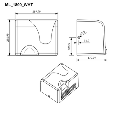 Metlam automatic operation ABS hand dryer in white front view ML_1800_WHT