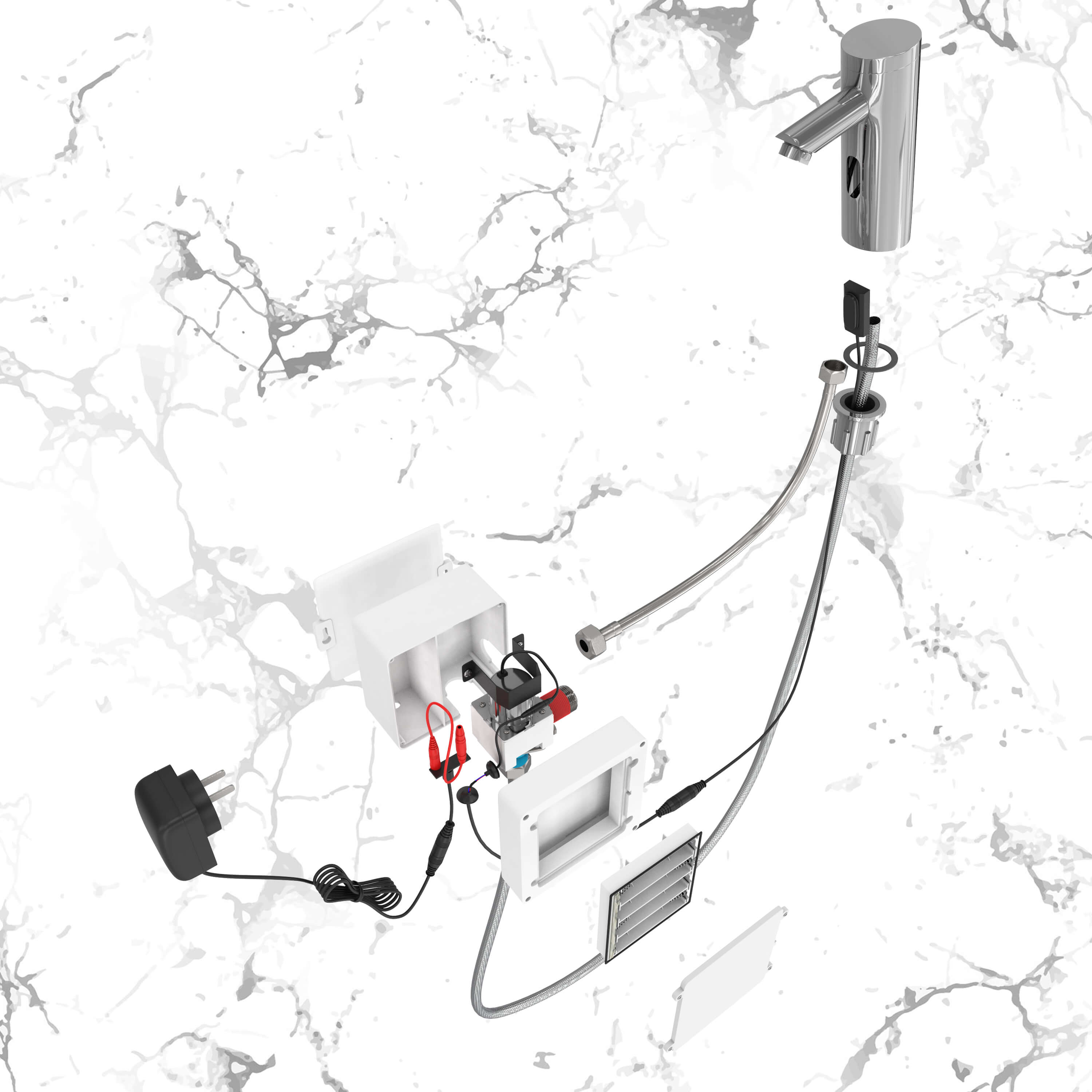 Onvanti Sensor Activated Basin Water Tap Chrome Finish Top Down on Parts Overview