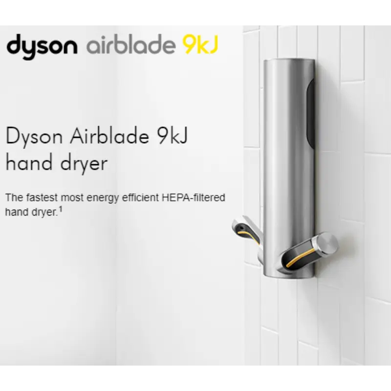 Dyson Airblade 9kJ hand dryer installed in a high-traffic commercial washroom