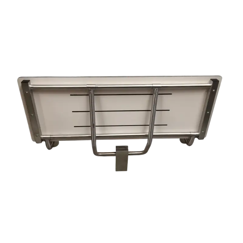 Underside view of the Metlam Accessible Folding Shower Seat showing stainless steel support frame, hinges, and compact laminate underside – AS1428 compliant construction.
