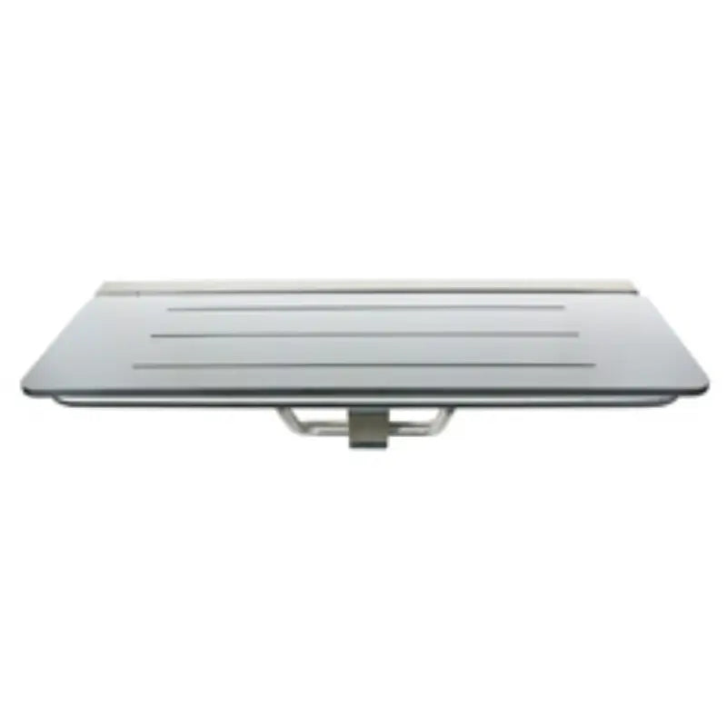 Front view of Metlam accessible folding shower seat in white compact laminate — commercial wall-mounted, self-draining design.