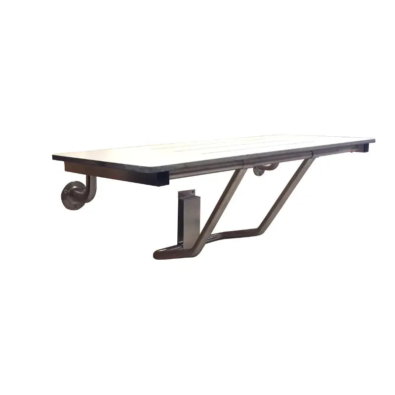 Side angle of Metlam accessible folding shower seat in white phenolic — heavy-duty, AS1428 compliant, foldable design.