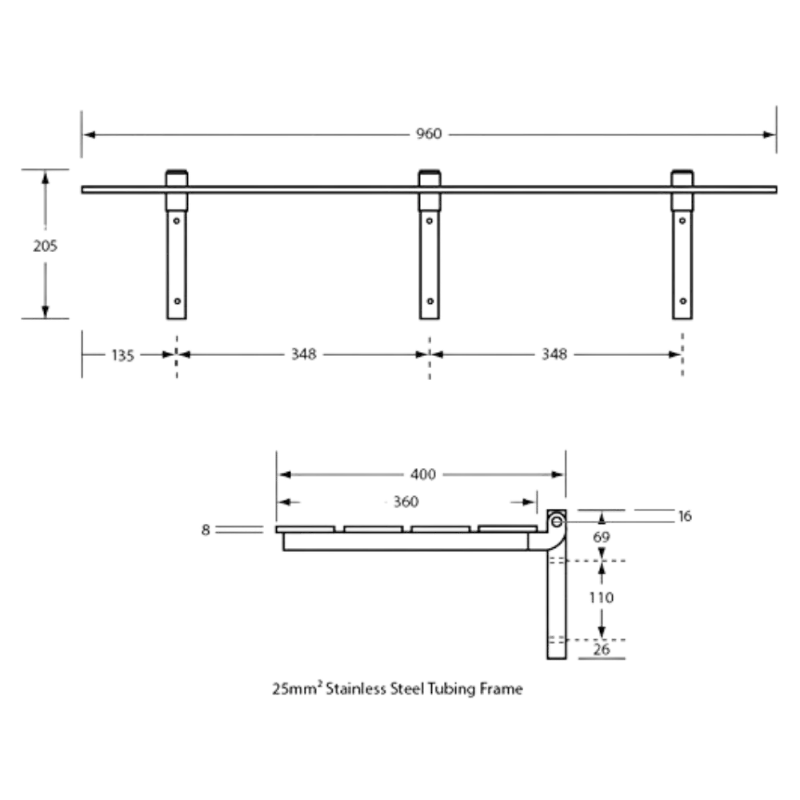Side view technical drawing of Metlam CL991 folding shower seat dimensions, folded projection 55mm, installed height 205mm