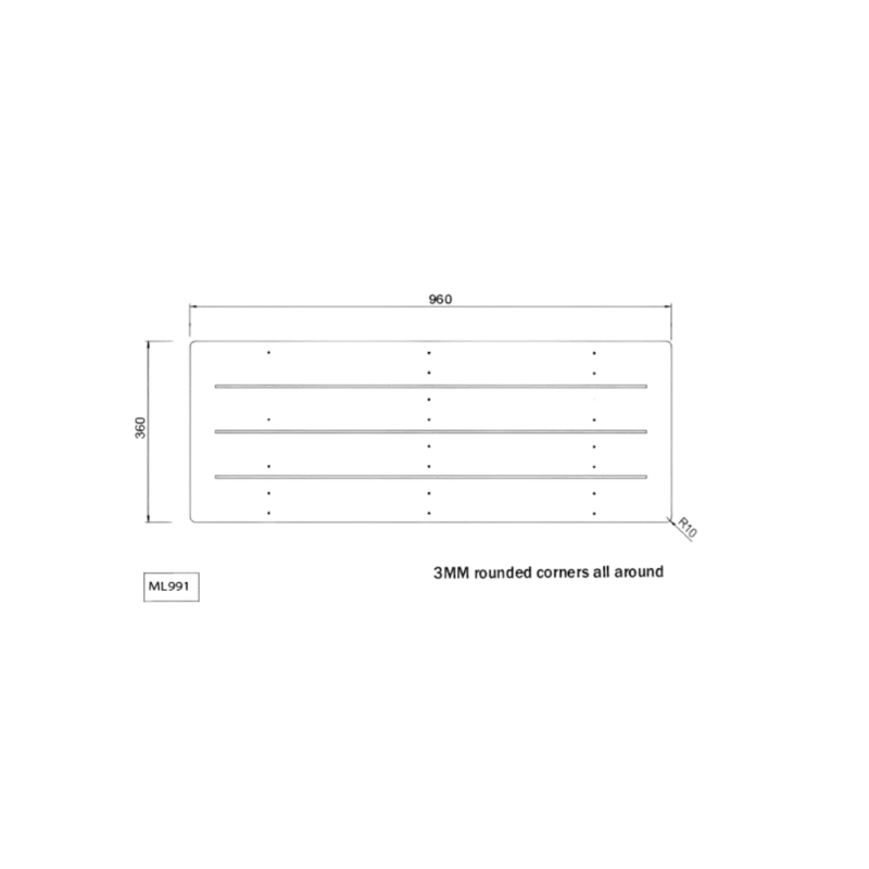 Top view technical drawing of Metlam CL991 folding shower seat dimensions, overall width 960mm, seat depth 360mm