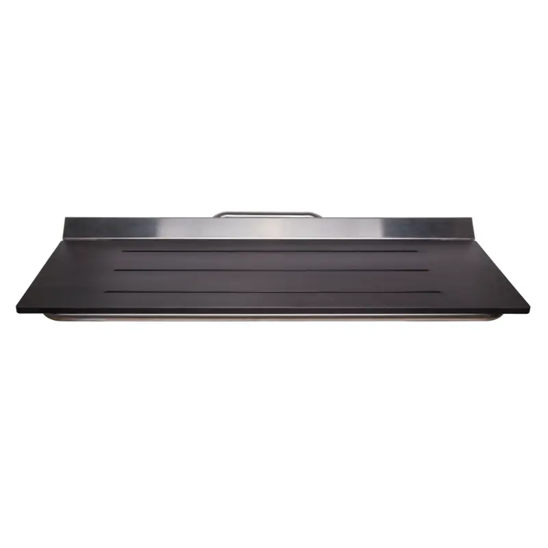 Metlam folding shower seat in black compact laminate for accessible bathrooms - front angle.