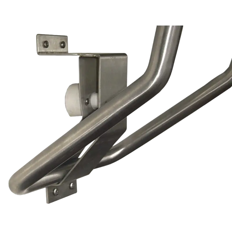 Close-up of Metlam Folding Shower Seat wall mounting bracket and stowage arm detail – demonstrates foldaway mechanism and surface-mount visible fix design.