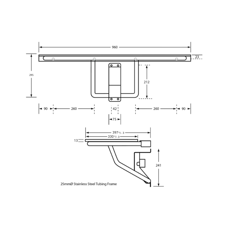Front and side technical drawing of Metlam folding shower seat showing dimensions and mounting details for commercial installation.