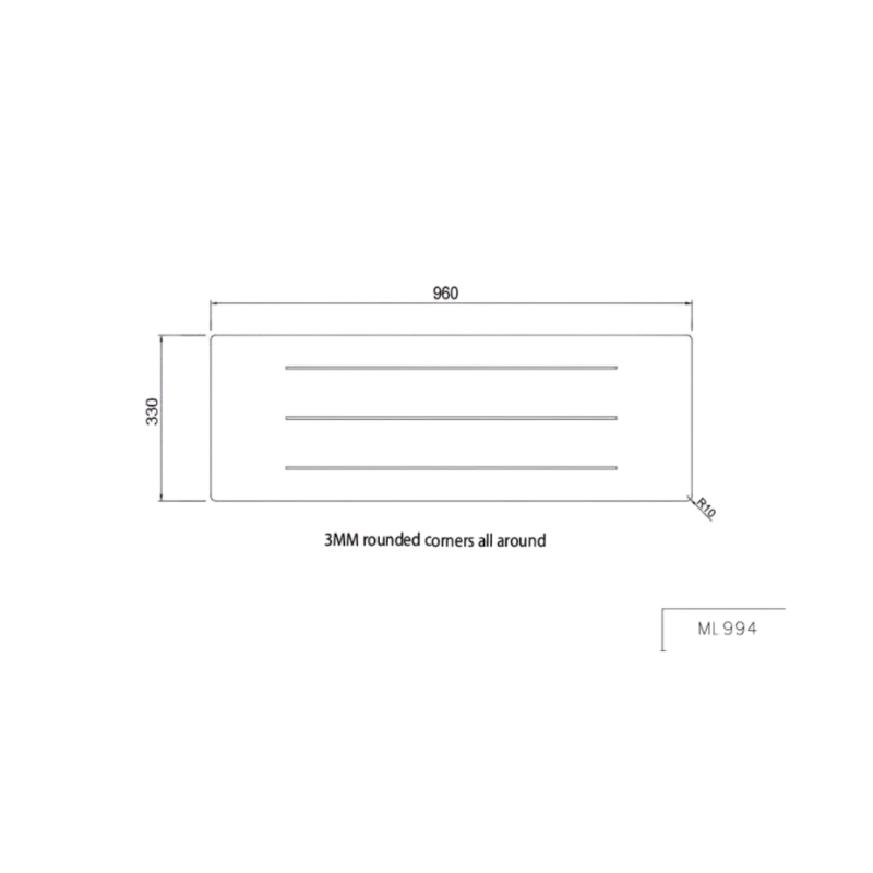Top-down technical drawing of Metlam folding accessible shower seat showing seat width, depth, and drainage layout.
